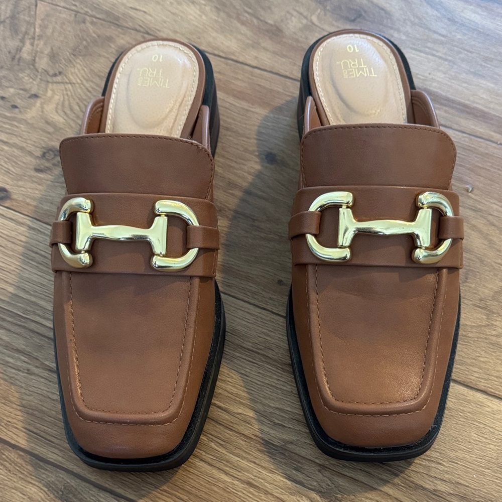 Time and Tru Brown Slip-On Loafer Mule with Gold Bit Accent
